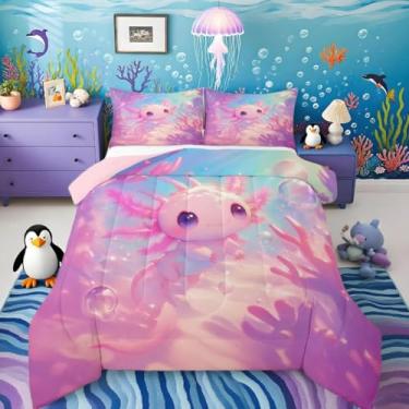Imagem de Lindo conjunto de edredom com estampa de salamandra, estampa de axolotl, para decoração de quarto feminino, masculino, respirável, macio, leve, microfibra, grama, oceano, com 2 fronhas