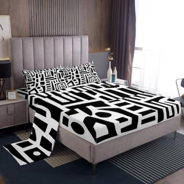 Imagem de jejeloiu Jogo de lençol King geométrico geométrico preto e branco, geométrico, geométrico, quadrado, com bolso alto, respirável, arte moderna