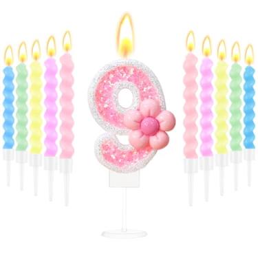 Imagem de Velas de aniversário para bolo com glitter rosa número 9 velas com 10 peças de velas espirais para 9 anos de idade, decoração de festa de aniversário, artigos de bolo de casamento, tema doce