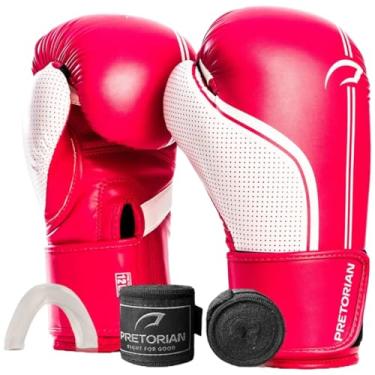 Imagem de Kit Luva de Boxe Muay Thai Kickboxing First FX1 Pretorian + Bandagem + Protetor Bucal - Escolha o seu Modelo (Rosa e Branco, 10oz)