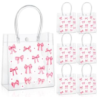 Imagem de Kolldenn 36 peças de saco de presente transparente de PVC com laço rosa 15 x 16 x 7 cm sacos de presente de PVC transparente com alças reutilizável gravata borboleta sacola de plástico para