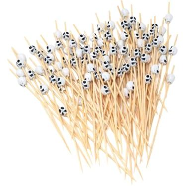 Imagem de 200 peças de palitos de coquetel de bambu com cabeça de caveira, palitos de comida de Halloween, espetos decorativos para frutas, cupcake, sanduíche, aperitivo, enfeite de bebida, decoração de festa e