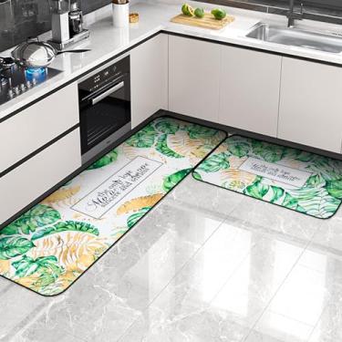 Imagem de QH Conjuntos de tapetes de cozinha, 2 peças, tapetes antiderrapantes, tapete de corredor 43 x 122 cm + 43 x 61 cm, lavável para chão, corredor, lavanderia, capacho de pé, folha de palmeira, verde
