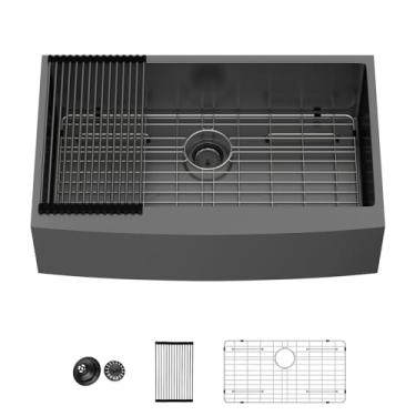 Imagem de Pia de fazenda de aço inoxidável preto metálico - Pia de fazenda Lordear 83,8 cm, avental de calibre 16, tigela única frontal, pia de cozinha de aço inoxidável