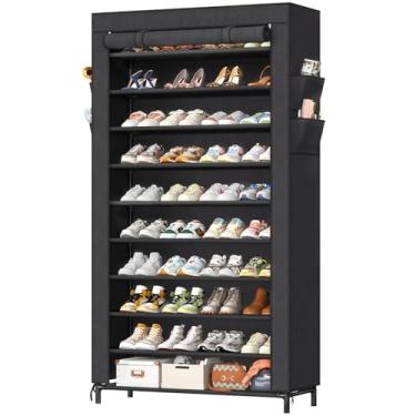 Imagem de Simple Trending Organizador de sapateira alto comporta 40 pares, armazenamento de armário de sapatos de grande capacidade de 10 níveis com capa para armário, preto