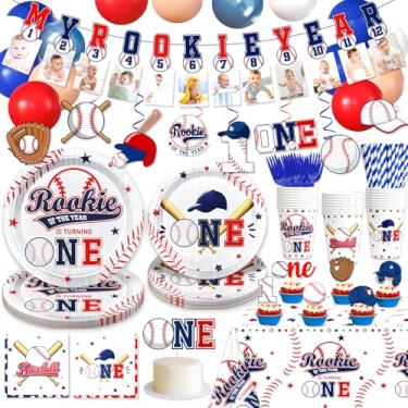 Imagem de Rookie of The Year First Birthday Decorations for Boy Rookie Year 1st Birthday Decorations with Photo Banner Hanging Swirls Cupcake Toppers Tablecloth Cups Plates Balloons Forks