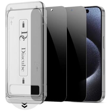 Imagem de DIACUBE Pacote com 2 protetores de tela de privacidade para iPhone 15 Pro, [antiespião de 27°] Vidro temperado à prova de estilhaçamento de dureza 9H com [moldura de fácil instalação com remoção