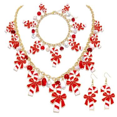 Imagem de XOCARTIGE Brincos de colar de doces para mulheres, colar de bengala doce de Natal, brincos de pirulito, acessórios de fantasia Candyland, roupas de Halloween, Natal, lembrancinhas de festa de