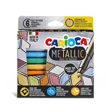 Imagem de CARIOCA Marcadores metálicos – Pacote com 6 canetas de feltro com ponta maxi, ponta bloqueada de 6 mm, tinta à base de água, para artesanato, bricolage e material escolar, 56% plástico reciclado