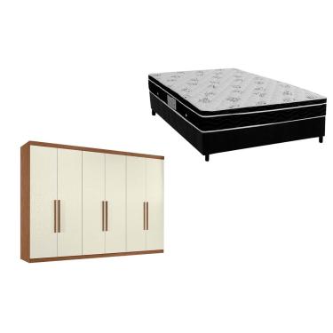 Imagem de Cama Box Casal + Colchão Physical Ortobom + Guarda Roupa Imaginare 6.4 Castanha/Off White