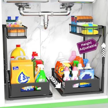 Imagem de Fabutier Organizador embaixo da pia, 2 pacotes de altura ajustável sob a pia, prateleiras de armazenamento de armário removíveis, gaveta deslizante para despensa de cozinha e banheiro (preto, pacote