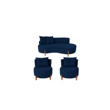 Imagem de Conjunto 2 Poltronas + Sofá Curvo Orgânico Luna Veludo Azul Marinho - 