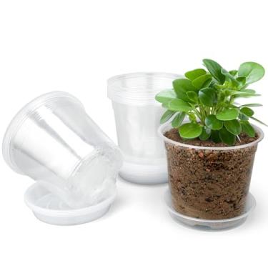 Imagem de FUOAUYK Vasos transparentes para berçário de 10 cm com bandejas de drenagem, pacote com 15 vasos de plástico para plantas, vaso transparente para início de sementes, transplante, suculentas e