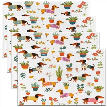 Imagem de Erosebridal Conjunto de 4 tapetes Dachshund, jogo americano de salsicha para crianças, meninos, meninas, floral, floral, kawaii, cachorrinho, impermeável, presente para amantes de cães, 30 x 45 cm