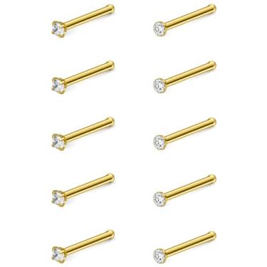 Imagem de Hoeudjo Kit de anéis de nariz de zircônia cúbica de aço cirúrgico para mulheres e homens minúsculos parafusos de nariz e osso e joias de piercing de narina em forma de L calibre 22-18 10 peças, 20g