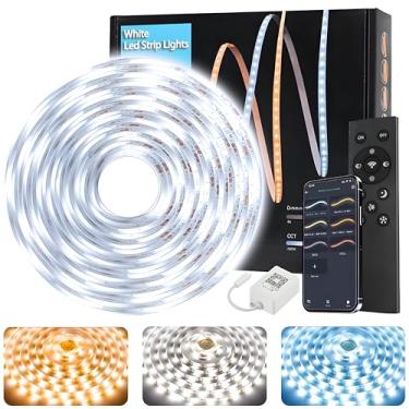 Imagem de Tenmiro Fita de LED branca 5 m (600 LEDs) super brilhante 25000 K luz do dia branca, 3 cores reguláveis com aplicativo inteligente e controle remoto para quarto, cozinha, decoração de iluminação