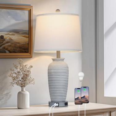 Imagem de Candeeiros de mesa vintage de 63,5 cm, luminária de cabeceira rústica única com portas USB A+C e tomada CA, lâmpadas de mesa de cabeceira para sala de estar, quarto, mesa de extremidade, branco cinza