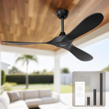 Imagem de ghicc Ventilador de teto preto sem luz, ventiladores de teto externos de 132 cm com controle remoto sem luz, 3 lâminas, motor CC reversível de 6 velocidades moderno para pátios, cozinha, quarto