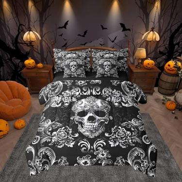 Imagem de Jogo de cama solteiro com estampa de caveira gótica estilo vitoriano, 7 peças, flor de Halloween, estilo vitoriano, (1 edredom, 2 fronhas, 2 fronhas, 1 lençol de cima, 1 lençol com elástico)