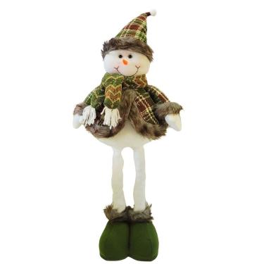 Imagem de Boneco de Neve Decorativo Natal  Pernas Retráteis Extensoras 55cm a 75cm Pelúcia Branco Roupa Verde Xadrez