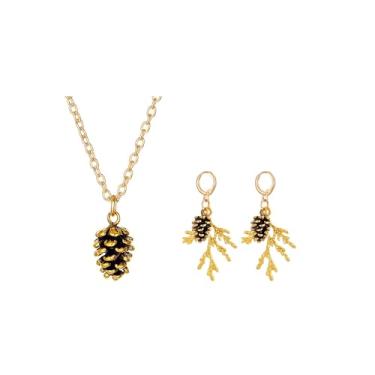 Imagem de Colar de brincos com pingente de pinho outono vintage 3D pinhas bolota folha de pinheiro conjunto de joias para mulheres outono dia de ação de graças inverno natal férias amantes da natureza joias