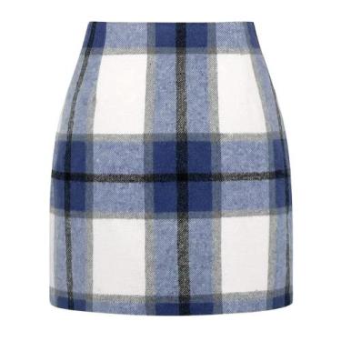 Imagem de Saia Kinghua azul xadrez de lã de cintura alta feminina 2024 XL
