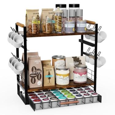 Imagem de Organizador de estação de café para bancada – 32 cápsulas para porta-copos K com gaveta, acessórios de cafeteria de 4 níveis, suporte de caneca com 12 ganchos, para feijão, leite, saquinho de chá