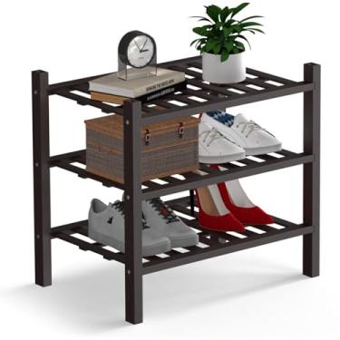 Imagem de Haddockway Pequeno organizador de armazenamento de sapatos de bambu de 3 níveis, prateleira empilhável multifuncional com painel de grade para armário, corredor, entrada, espaço pequeno 46 x 28 x 43