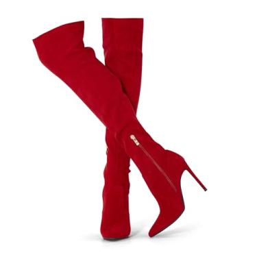 Imagem de GENSHUO Botas Acima Do Joelho Femininas Com Salto Alto De Camurça, Alto, Sexy, Bico Fino, Agulha, Bota Longa, Vermelha, Tamanho 10