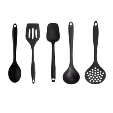 Imagem de Colher De Silicone Para Cozinha - UtensíLios Em Silicone Antiaderente | Inclui EspáTula, Concha, Escumadeira, Colher E EspáTula Vazada | NãO Risca Panelas | Presente Para Chá De Panela(PRETO (KIT5))