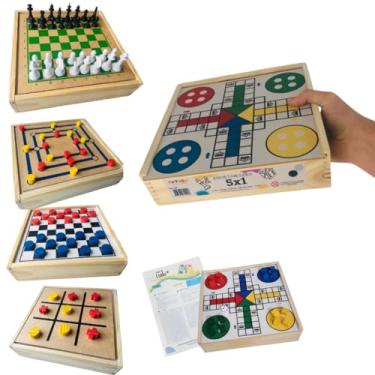 Imagem de Conjunto Tabuleiros Jogos 5x1 Dama Jogo Da Velha Ludo Trilha Xadrez