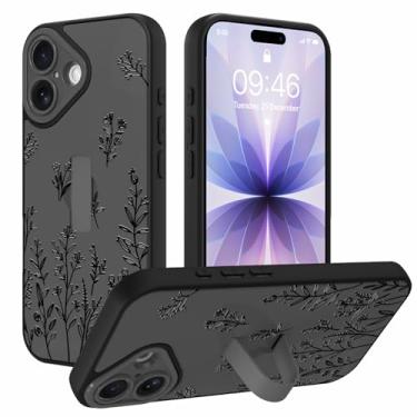 Imagem de AIGOMARA Capa feita para iPhone 17 com alça de dedo linda flor preta floral para mulheres meninas TPU macio amortecedor rígido PC traseiro antiqueda à prova de choque capa fina