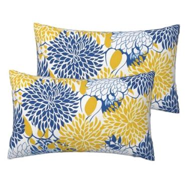 Imagem de Capas de almofada estampadas frente e verso, conjunto de 2 estampas de flores azuis e amarelas, fronhas decorativas macias (tamanho 30 cm × 50 cm) Adequado para camas e sofás