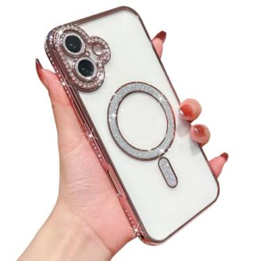 Imagem de Capa magnética transparente com glitter para iPhone 16e, compatível com carregamento sem fio MagSafe (rosa)