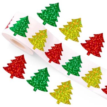 Imagem de Whaline Adesivos de árvore de Natal rolo laser vermelho verde ouro pinheiro selo adesivos de natal decalques autoadesivos à prova d'água para decoração de diário de envelope férias de inverno, 500