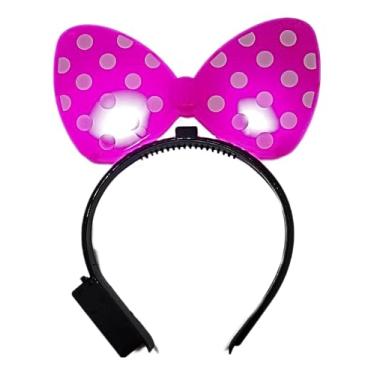 Imagem de Tiara Arco com Laço Rosa Iluminado, Decorada com Bolinhas, Acessório para Cabelo com Luz LED