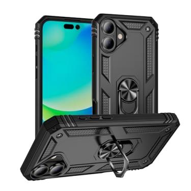 Imagem de SORAKA Capa para iPhone 16 Plus com suporte de anel, capa protetora para iPhone 16 Plus, capa traseira de policarbonato rígido com placa de metal para suporte magnético de telefone e carro, preta