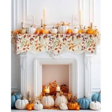 Imagem de Lenço de lareira de outono 187 x 43 cm, folhas de outono, flores, laranja, botânico, Dia de Ação de Graças, retrô, cobertura, cachecol, protetor de poeira, corredor, dobrável, para casa, sala de estar
