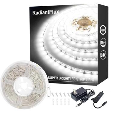Imagem de RadiantFlux Fita de luzes LED brancas, faixa de luzes LED reguláveis, 300 LEDs de 5 metros, fitas de LED super brilhantes para sala de estar, quarto, cozinha, Vanity Mirro, tiras de luz LED flexíveis