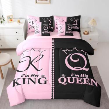 Imagem de Erosebridal Conjunto de cama queen e queen de 7 peças, para meninas e mulheres, rosa e preto, dourado, conjunto de edredom com lençóis, cama Mr Mrs His Her em uma bolsa, romântico dia dos namorados