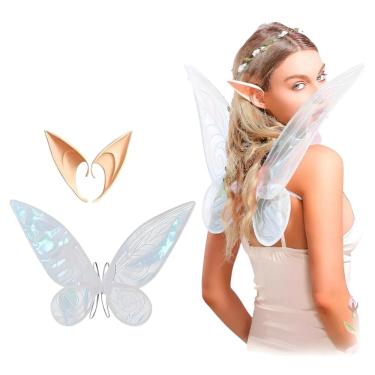 Imagem de Fantasia Kit Fada da Floresta Elfo Borboleta Fadinha Sininho Holográfica Brilhante Festa Aniversário Carnaval Bloquinho