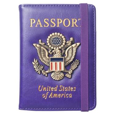 Imagem de Carteira com porta-passaporte para viagem masculina e feminina, capa RFID para passaporte dos EUA, protetor de documentos de viagem de couro impermeável com compartimento para cartão de vacina - roxo