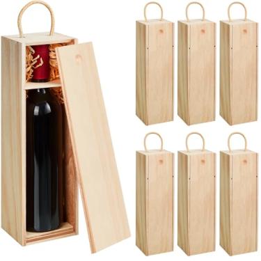 Imagem de Suzile Conjunto de 6 caixas de vinho de madeira com alça de barbante, caixas de presente de madeira inacabada para casamento, artesanato DIY, dama de honra, agradecimento da equipe de professores