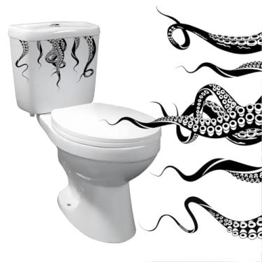 Imagem de wongdong Adesivos de parede com tentáculos Kraken de polvo para tampa de vaso sanitário, decalques de parede com design de monstro do mar azul, adesivo decorativo de banheiro (preto)