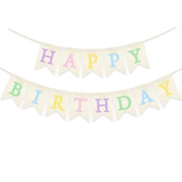 Imagem de Banner de feliz aniversário arco-íris pastel neutro pré-amarrado de serapilheira para festa decoração de fundo