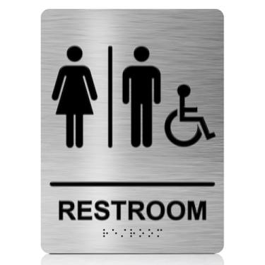 Imagem de DALLAHASEE Placa de banheiro unissex ADA Braille Handicap com fita dupla face 3M (pacote com 1) - Placa de banheiro unissex de alumínio 15 x 20 cm para escritórios e restaurantes