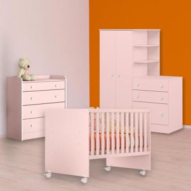 Imagem de Berço Reto, Cômoda Trocador e Guarda Roupa C/ Cômoda Rosa - Qmovi