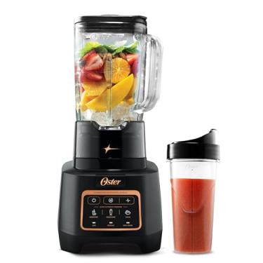 Imagem de Oster Extreme Mix Blender, frasco de vidro de 8 xícaras, 3 funções predefinidas iBlend, 1600 watts, pilha de lâminas de 10 pontos com revestimento de titânio e copo Blend-N-Go