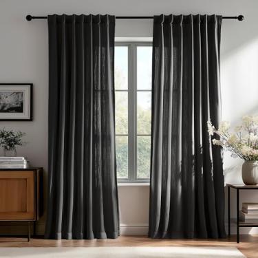 Imagem de Deconovo Cortinas semitransparentes de mistura de linho, aba oculta/bolso superior com tiras de tecido, cortinas de privacidade com filtro de luz para sala de estar e quarto, preto 127 cm L x 163 cm C