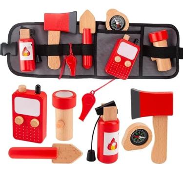 Imagem de Kit de Bombeiro Infantil de Madeira, Conjunto com Acessórios em Vermelho, Mochila de Ferramentas 40cm, Bússola e Apito, Brinquedo Educativo para Faz de Conta, 8 Peças